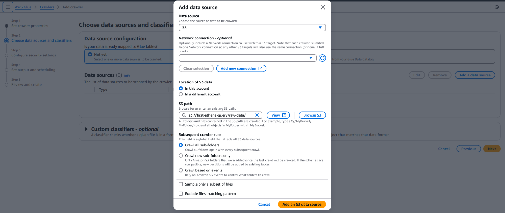 Data source dialog box with options
