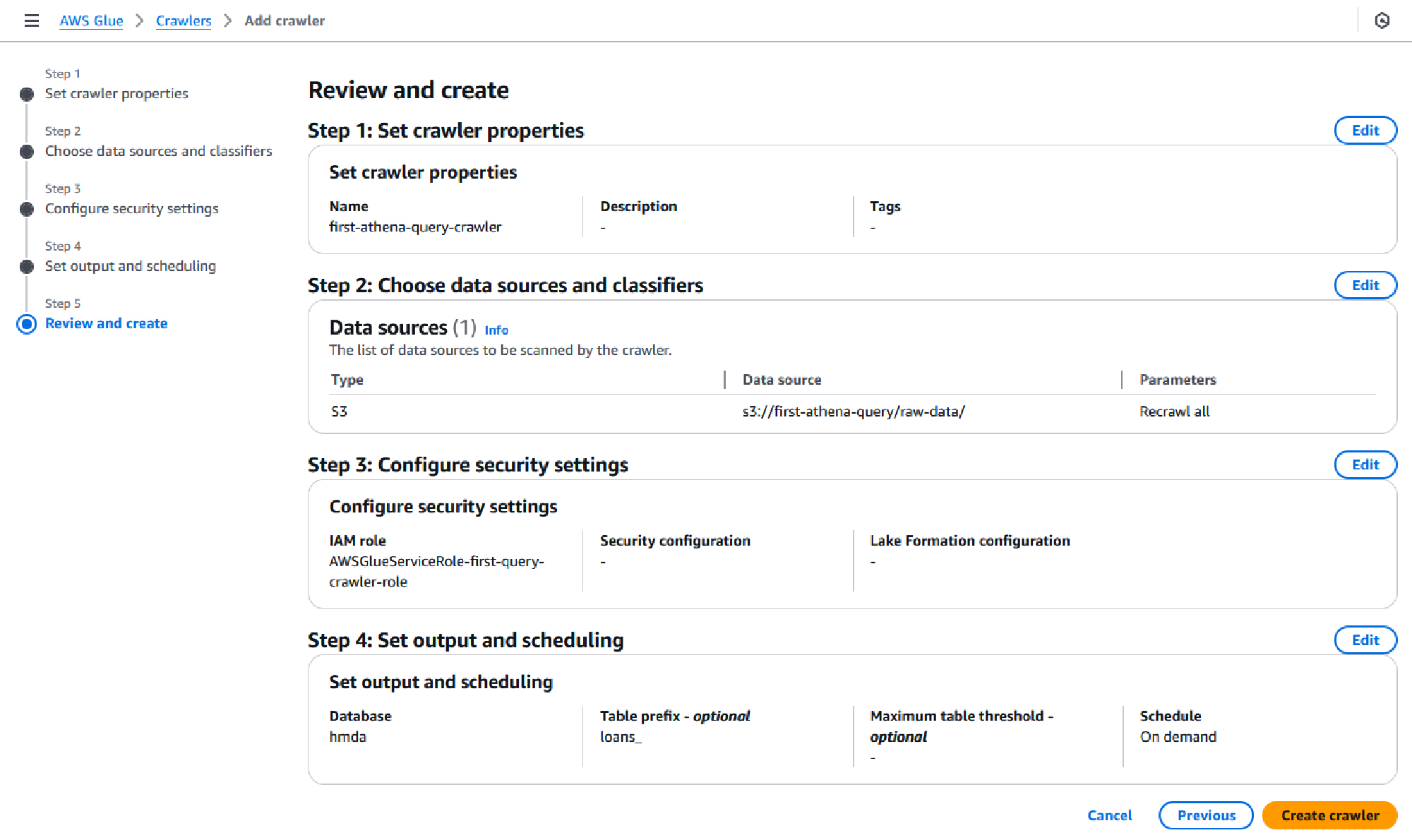Review and create page with a summary of all selections options