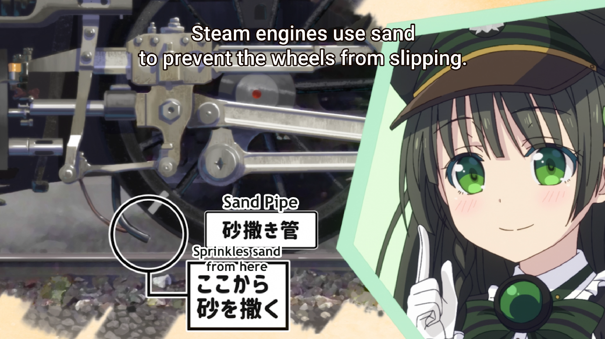 Screenshot of anime showing captions for 'Sand pipe', 'sprinkles sand from here' and 'Steam engines use sand to prevent the wheels from slipping'