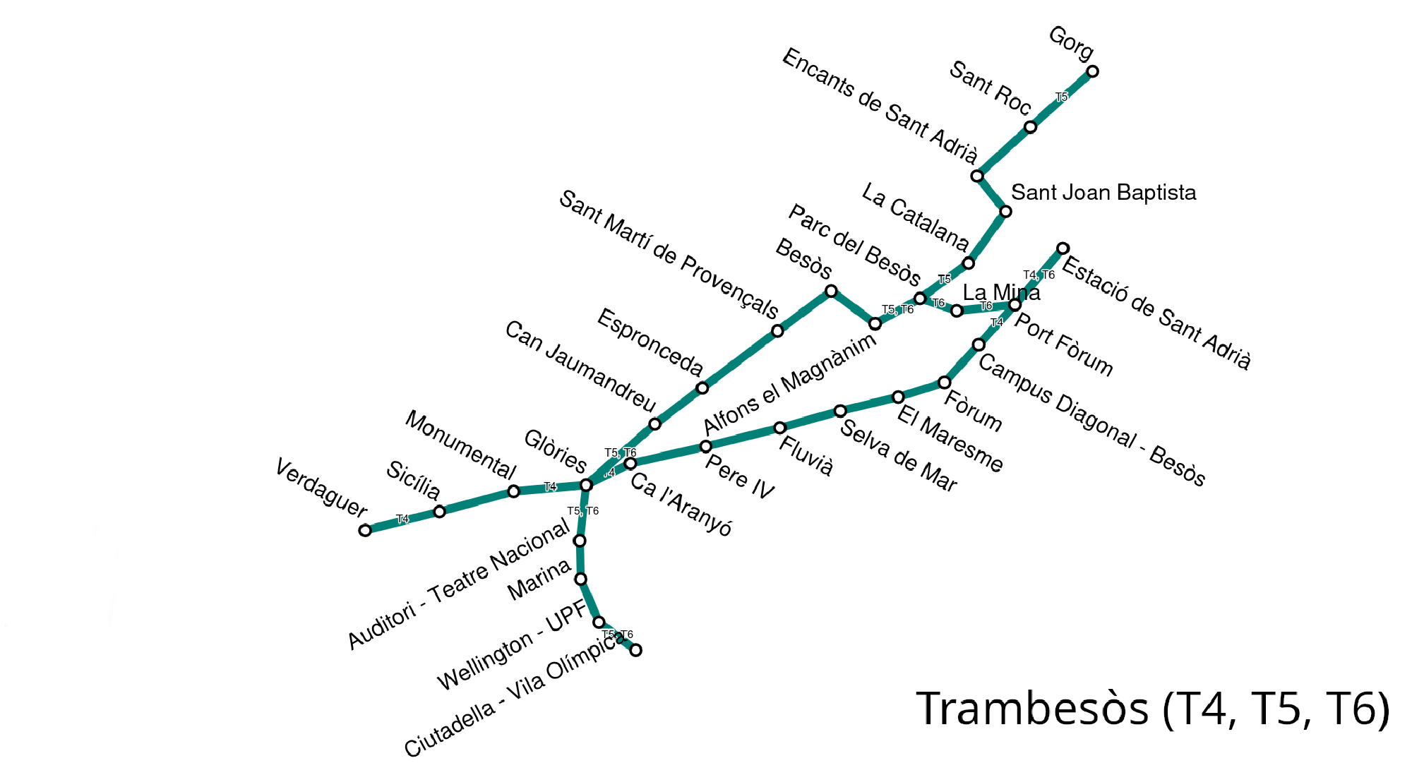 Track of Trambesòs network with stations lines labelled.