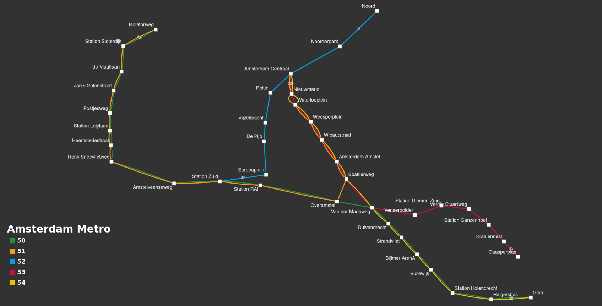 Map of Amsterdam metro lines 50 to 54