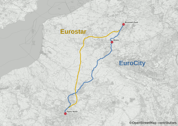 Map showing Brussel-Zuid to Paris Nord route between Eurostar and EuroCity.